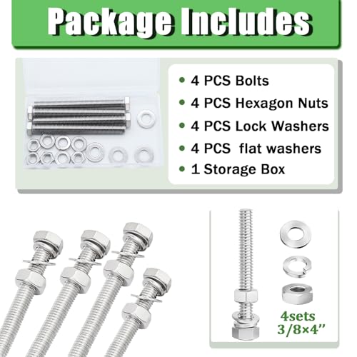 Image of 4 Sets 3 /8-16 x 4 Stainless Steel Hex Head Screws Bolts, Nuts, Flat & Lock Washers,18-8(304) Full Thread