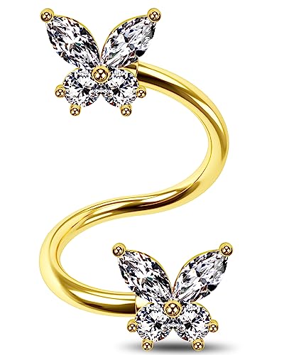 Jewseen Butterfly Twist Helix Earrings 16G Gold Cartilage Earring Lip Piercing Jewelry 316L Stainless Steel Spiral Barbell Labret Earring for Women Men