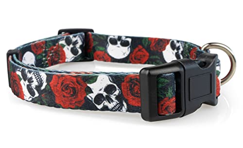 Limeloot Skulls and Roses Dog Collar for Medium Dogs, Boy or Girl Dog Collar with Flowers and Skulls, Medium