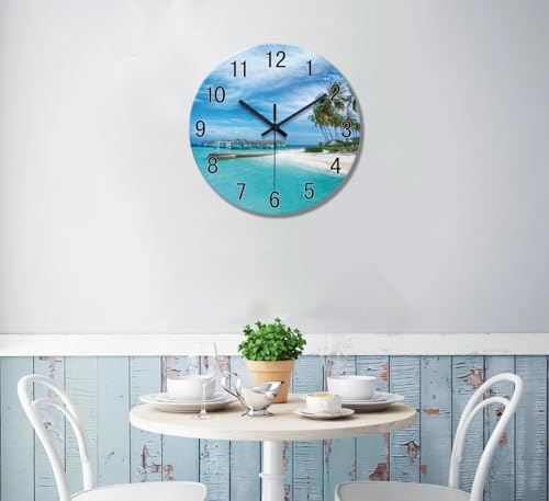 Image of XFM Blue Beach Wall Clock 16 Inch Silent Coastal Nautical | Non-Ticking Battery Operated Modern Glass Decorative for Living Room Kitchen Bedroom Office