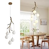 Farmhouse Resin Pendant Light, Mid Century Wood Chandelier with Rustic Vintage Design,6-Light Hanging Sputnik Chandelier for Kitchen Island, Dining Room, Bedroom Stairwell