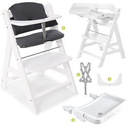 Trona Evolutiva Blanca hauck Set de Trona Evolutiva Bebe Alpha Plus con Bandeja y Cojín de Algodón, Trona Bebe Evolutiva desde 6 Meses, Trona Evolutiva Madera Regulable, Silla Bebe - Blanco