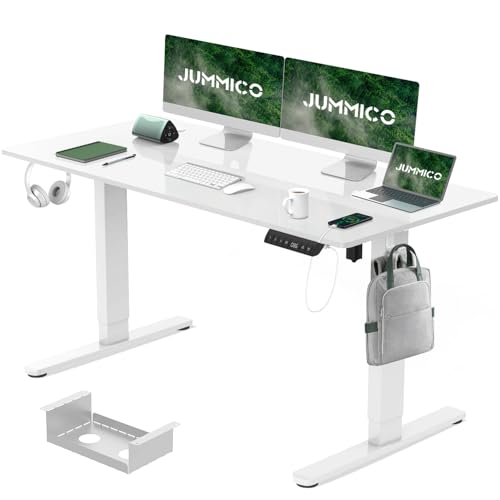 JUMMICO Electric Standing Desk 140x70 cm with Charging Port, Height Adjustable Computer Desk with Cable Tray,Ergonomic Sit Stand up Desk Rising Table Home Office Furniture, White