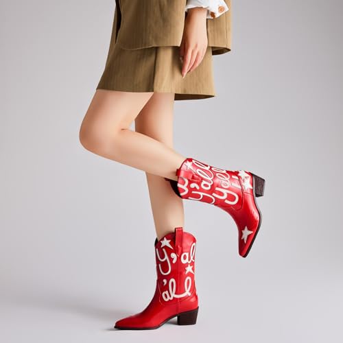 Image of Metallic Cowboy boots for Women Embroidered Mid Calf Womens Cowgirl Boots Western Pointed Toe Chunky Heel