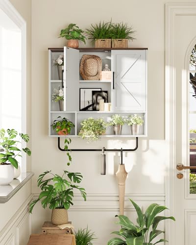 Bathroom Wall Cabinet, Medicine Cabinet Wall Mounted, Over Toilet Storage Cabinet, Wall Cabinet with Towel Bar, Open and Hidden Storage Space, for Bathroom Living Room Kitchen White and Walnut - Image 5