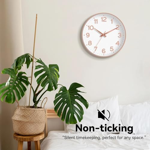 Image of Roymnie Wall Clock 12 Inch Silent Wall Clocks Battery Operated- Modern Non Ticking Analog Clock Decorative for Living Room Bedroom Office Kitchen(White Rose Gold)