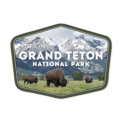 Image of Die Cut Sticker Grand Teton National Park, Wyoming, Buffalo and Mountain Scene, Vinyl Sticker, (Waterproof Decal for Cars, Water Bottles, Laptops, Coolers), Large
