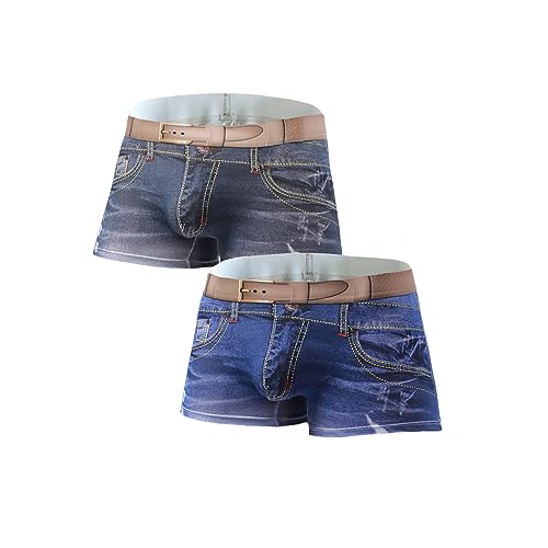 Men's Cotton 3D Denim Print Boxer Briefs Underwear Bulge Pouch Boxer Shorts Underwear