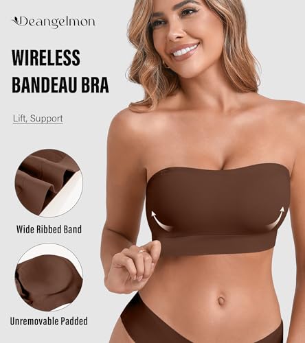 Image of DEANGELMON Strapless Bras for Women Wireless Push Up Non-Slip Bandeau Bra Seamless Clear Straps TubeTop Padded Bralette