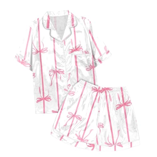 Image of Valentines Pajamas For Women Short Sleeve 2 Piece Set Valentine Day Outfit Bow Heart Print Button Soft Sleepwear