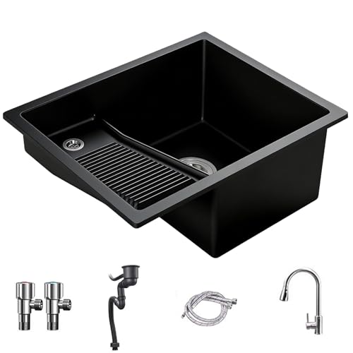 Lavadero Pila Exterior con Tabla de Lavar, Piedra de Cuarzo, Moldura de Una Sola Pieza, Lavabo Baño Empotrado con Grifo Extraíble, para Cuarto de Lavandería(Black)