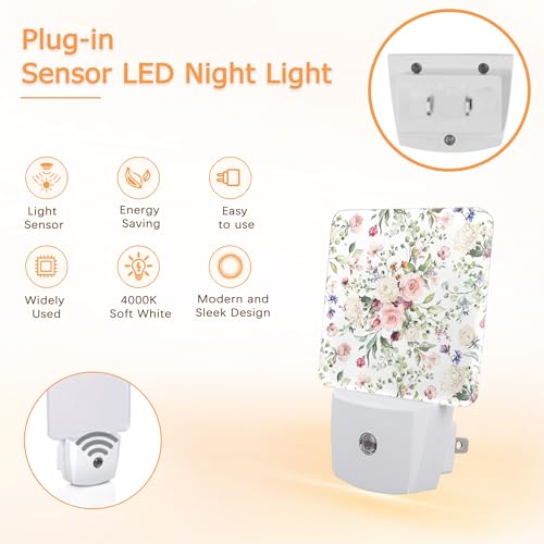 Image of Spring Flower Night Light,Pink Rose Eucalyptus Leave Night Lights Plug into Wall with Dusk to Dawn Light Sensors Nightlights for Bedroom Bathroom Hallway Kitchen Gifts Ideal for Girls Women