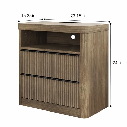 Image of Night Stand, Nightstands with Drawer Storage Bedside Table Large Modern nightstand with USB Port and Outlet, mid Century nightstand for Bedroom,Sofa Table(Grey Alder)