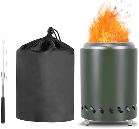 CAMPORG Rauchfreie Feuerstelle für Camping, Edelstahl Tischkamin, Tragbare Mini Feuertonne 14cm ⊘ * 20cm H Betrieben mit Pellets oder Holz mit Tragetasche, Grün