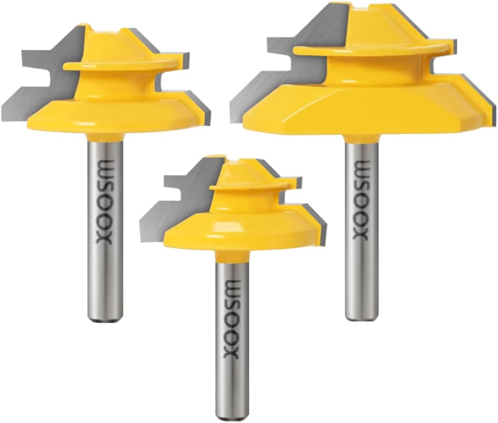WSOOX 1/4 Inch Shank 45 Degree Lock Miter Router Bit Set, 3pcs Joint Router Bits, Wood Milling Cutter Glue Joint Tools Set (for Cutting 1/2Inch, 3/4Inch, 5/8Inch Wood Stock) (1/4 Shank)