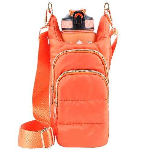 Dealkion Water Bottle Holder with Strap Water Bottle Carrier Bag with Strap Quilted Puffer Hydrobag Sling Purse Crossbody Bags for Women Walking Hiking Cycling