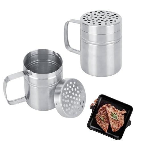 2Pcs Salt Shakers, Stainless Steel Flour Shaker with Lid and Handle Icing Sugar Shaker Seasoning Shaker Spice Condiment Box for Cooking Kitchen Baking
