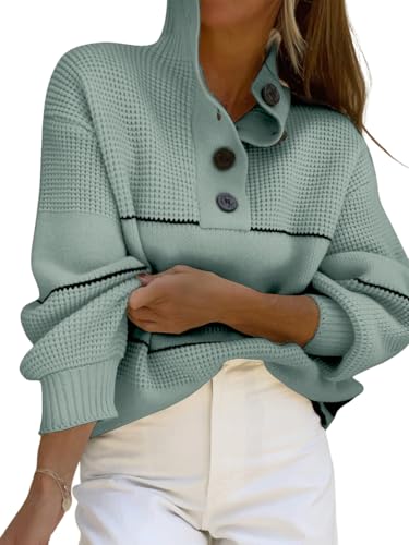 Image of chouyatou Women's Slouchy Waffle Knit Sweater 1 /2 Button Polo Collared Pullover Striped Sweater Tops