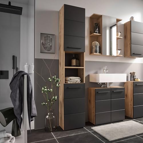 70-565-DR hoge kast VISTA badkamerkast zijkast in Viking Oak/zwart ca. 34 x 190 x 31 cm - Afbeelding 3