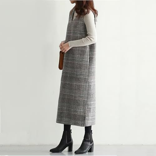chouyatou Women's Fall Winter Plaid Wool Overall Dress Casual Business Sleeveless Midi Tank Vest Dress4
