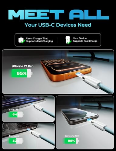 Image of LISEN USB C Cable, 5-Pack [3.3 /3.3 /6.6 /6.6 /10FT] Blue for iPhone 17 Charger Cord, 60W C to C Cable Fast Charging for iPad, iPhone 17 Air 16 15 Pro Max, Samsung Z Flip 7 /S25 /S24