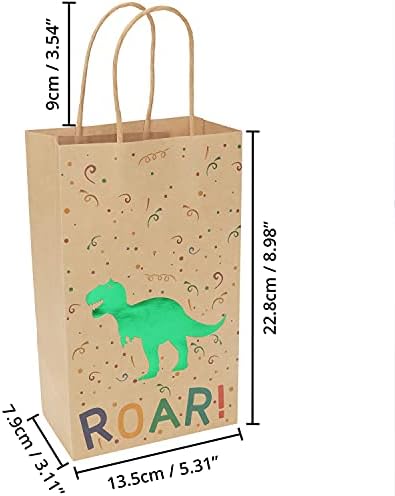 Belle Vous Paper Dinosaur Birthday Party Bags with Handle (24 Pack) - Kids Dino Themed Pattern Party Favour, Goodie, Gift, Candy & Treat Loot Bag - Boys & Girls Baby Shower & Children Party Supplies