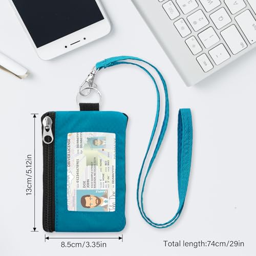 Image of Minimalist RFID Wallet with Lanyard, Multi-Functional ID Case with 2 Zipper Pockets and Key Chain for Men and Women, Tactical Badge Pouch Cards Holder, Coin Purse for Travel Sports - Blue