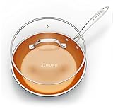 Almond Non-Stick Skillet Frying Pan- Copper Ceramic Fry Pans with Tempered Glass Lid & Stainless Steel Handle, Round Aluminum Saute Pan, Dishwasher and Oven Safe - 12 inches