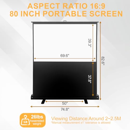 Image of LIHONG Screen 80 inch 16:9 Manual Floor Rising Pull Up Projector Screen Portable Indoor & Outdoor 4K HD Matte White for Long Standard Projection Fast Setup for Home Theater Movies,Classroom,Office
