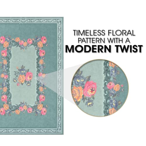 Image of Cloth Fusion Rectangular Velvet Floral Centre Table Cover Cloth, Table Cloth With Elegant Floral Pattern For Living Room (40x60 Inch, Turquoise)