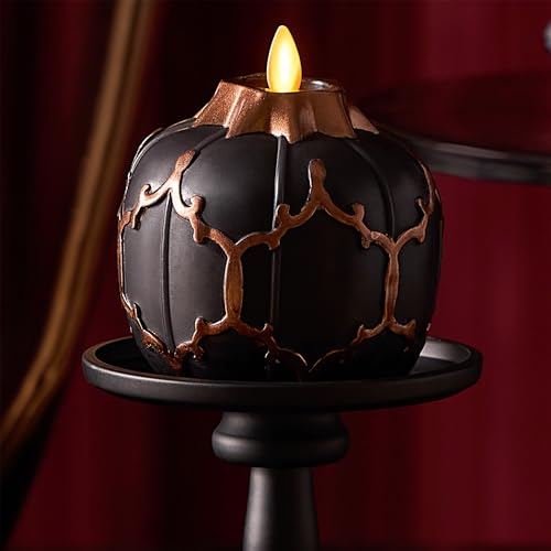 Image of Luminara Black Embossed Fretwork Pumpkin Candle, 3.8 inch x 4.3 inch Flickering Flameless LED Light, AA Batteries (Sold Separately) w /Timer, Real Wax Indoor Fall Halloween Decor Table Mantel Decoration