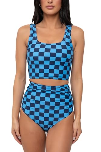 Coral Reef Swim Tankini Swimsuits - Square Neck Tankini Top & High Waisted Ruched Bikini Bottoms-Blue/Black (XXS-3XL)