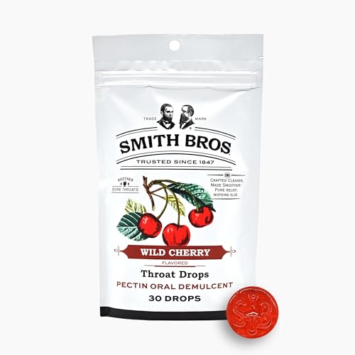 Smith Bros. Wild Cherry Sore Throat Drops with Pectin - Vintage Candy Throat Lozenges - The Original American Cough Drop Bag of 30ct Drops (Pack of 1)