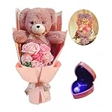 Eightown Preserved Rose Bouquet Flowers with Teddy Bear - Pink Rose Artificial Flowers with Pearl Necklace for Her - Love Gift Mother's Day,Valentine's Day,Birthday (Pink)