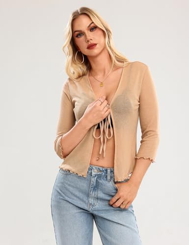 Image of Aiboria Womens 3 /4 Sleeve Shrug Sheer Mesh Bolero Tie Front Cropped Cardigan S-XXL