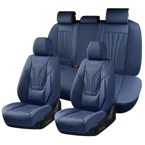 Image of Coverado Car Seat Covers Full Set, 5 Piece Car Seat Protector with Lumbar Support & Removable Headrest, Breathable Leather Front Rear Seat Cushion Universal Fit for Truck Automotive Blue