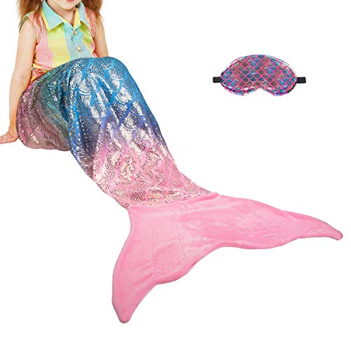 Catalonia Classy Mermaid Tail Blanket Soft Warm Plush Fleece Sleeping Bag Snuggle Blanket for Teens Fish Scale Pattern Shiny Rainbow Ombre 155 x 50 cm
