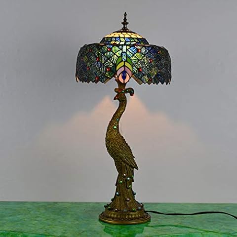 BOTOWI Tiffany Style Peacock Table Lamp Vintage Stained Glass Desk Lamp with Peacock Base for Living Room Bedroom Reading Cafe, 12-Inch Cover