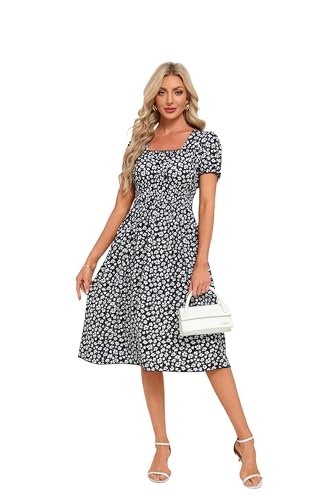 Image of Women's 2026 Summer Boho Floral Midi Dress Casual Square Neck Puff Sleeve A Line Dresses with Pockets