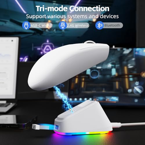 Image of ATTACK SHARK G3 PRO Wireless Gaming Mouse with RGB Charging Dock,2.4G /USB-C Wired /BT PAW3311 Optical Sensor 1K Polling Rate Adjustable 25K DPI,500mAh Battery Ultra Lightweight 59g Mice (White)