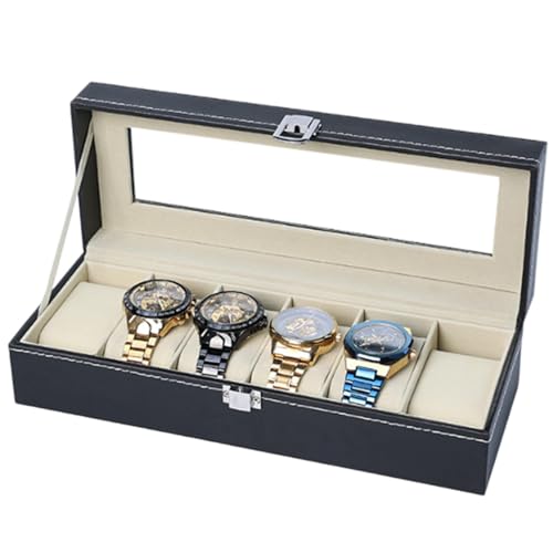 Soporte para reloj con tapas transparentes, 6 ranuras, organizador de relojes con almohadas extraíbles, estuche de relojes para hombre, caja de almacenamiento de piel sintética impermeable con forro