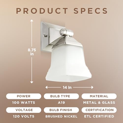 Image of Diodesy- 5-Inch Bathroom Vanity Square Bell Sconce 1-Light Fixture 100W Max E26 Medium Base Sockets Use A19 Bulb(Not Included) Brushed Nickel & Frosted Glass Shade ETL Listed- for Living Room Bedroom