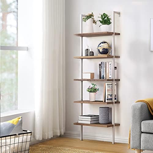 OGCAU Ladder Shelf, 5 Tier Ladder Bookshelf Organizer, Open Wall Mount Ladder Bookshelf, Display Storage Rack Organizer, Industrial Metal Frame – White&Brown