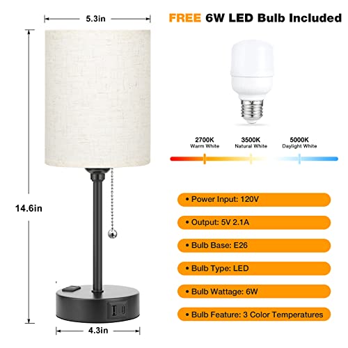 Image of Small Bedside Table Lamp for Bedroom - Desk Lamp with USB Ports for Dorm