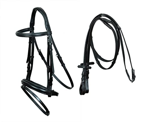 CHALLENGER Horse Debut Flash English Bridle Black Leather Padded Bridle Reins 803HI38BK-F