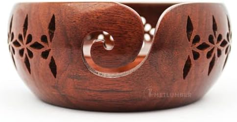 METLUMBER Wooden Yarn Bowl Rosewood Yarn Storage Bowl Holder & Dispenser for Tangle-Free Yarn Perfect Large Knitting Bowl Flower Pattern Crochet Bowl (7" x 7" x 3")