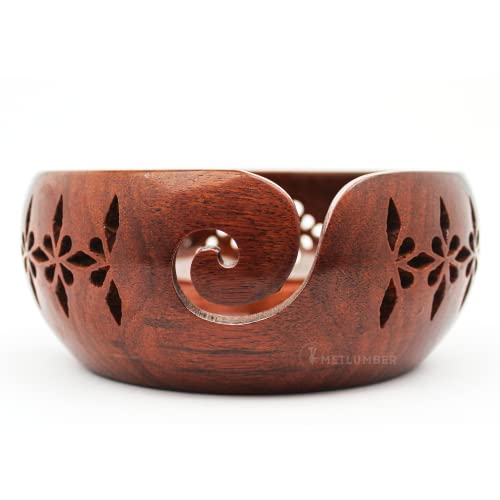 Metlumber Wooden Yarn Bowl Rosewood Yarn Storage Bowl Holder & Dispenser For Tangle-Free Yarn Perfect Large Knitting Bowl Flower Pattern Crochet Bowl (7" X 7" X 3") #TOP2