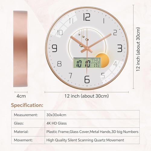Image of Ash & Roh 12 Inch Silent Quatrz and Non-Ticking Wall Clock with Easy to Read Number and Analog Display Stylish & Decorative Design for Office, Living Room, Bedroom (Pearl Digital)