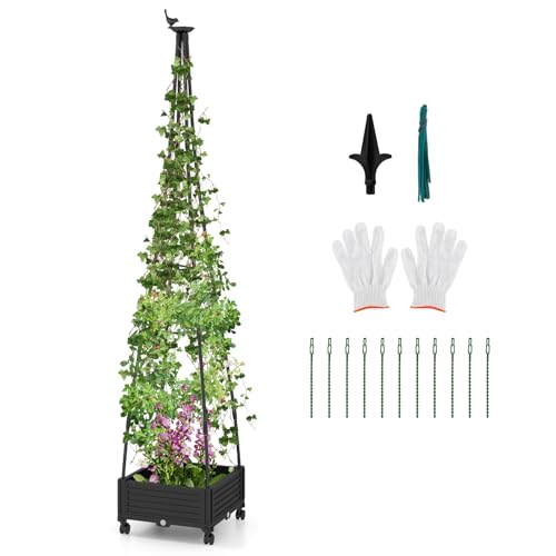 RELAX4LIFE Rankhilfe mit Blumenkasten auf Rollen, Pflanzkasten mit Gartenspalier für Kletterpflanzen, Tomatenturm Metall & PP, Rankkasten für Tomaten Blumen (Turmstil-206cm)