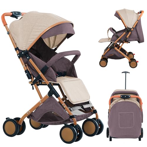 Kinderwagen, faltbar, multifunktional, verstellbare Rückenlehne, 175 °, kann sitzen oder liegen, verstellbares Vorzelt, stoßfeste Räder, 0-6 Jahre, mit Baumwolle und Moskitonetz (goldbraun)
